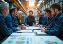 Groupe d'ingénieurs en discussion dans une usine moderne