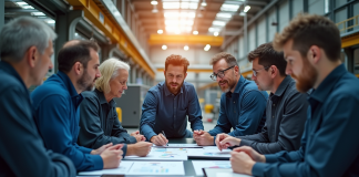 Groupe d'ingénieurs en discussion dans une usine moderne