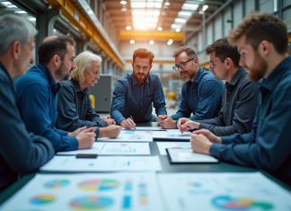 Groupe d'ingénieurs en discussion dans une usine moderne
