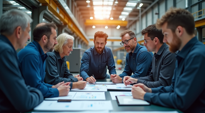 Groupe d'ingénieurs en discussion dans une usine moderne