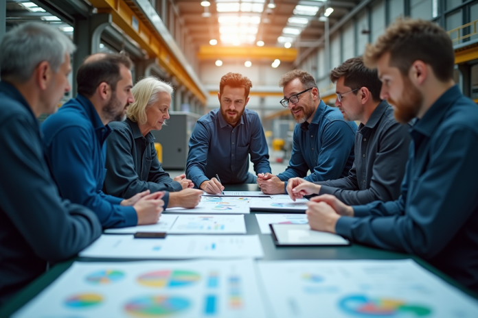 equipe-ingenerieurs-usine Groupe d'ingénieurs en discussion dans une usine moderne