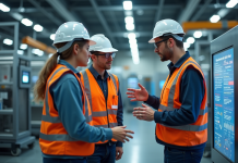 Groupe d'ingénieurs autour d'une ligne de production automatisée
