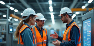 Groupe d'ingénieurs autour d'une ligne de production automatisée