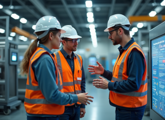 Groupe d'ingénieurs autour d'une ligne de production automatisée