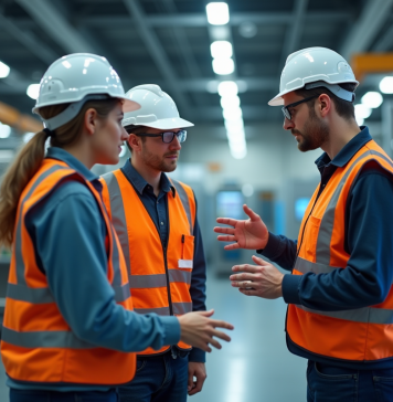 Groupe d'ingénieurs autour d'une ligne de production automatisée