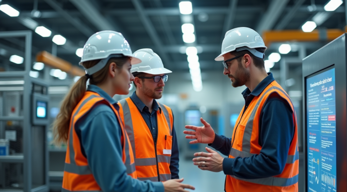 Groupe d'ingénieurs autour d'une ligne de production automatisée
