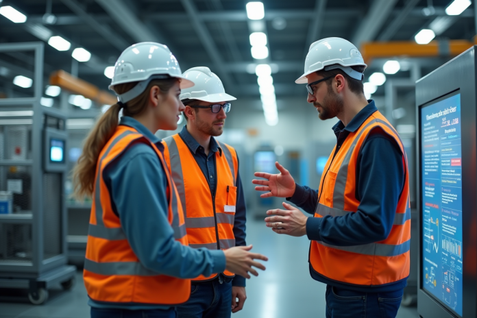 equipe-ingenieurs-assemblee Groupe d'ingénieurs autour d'une ligne de production automatisée