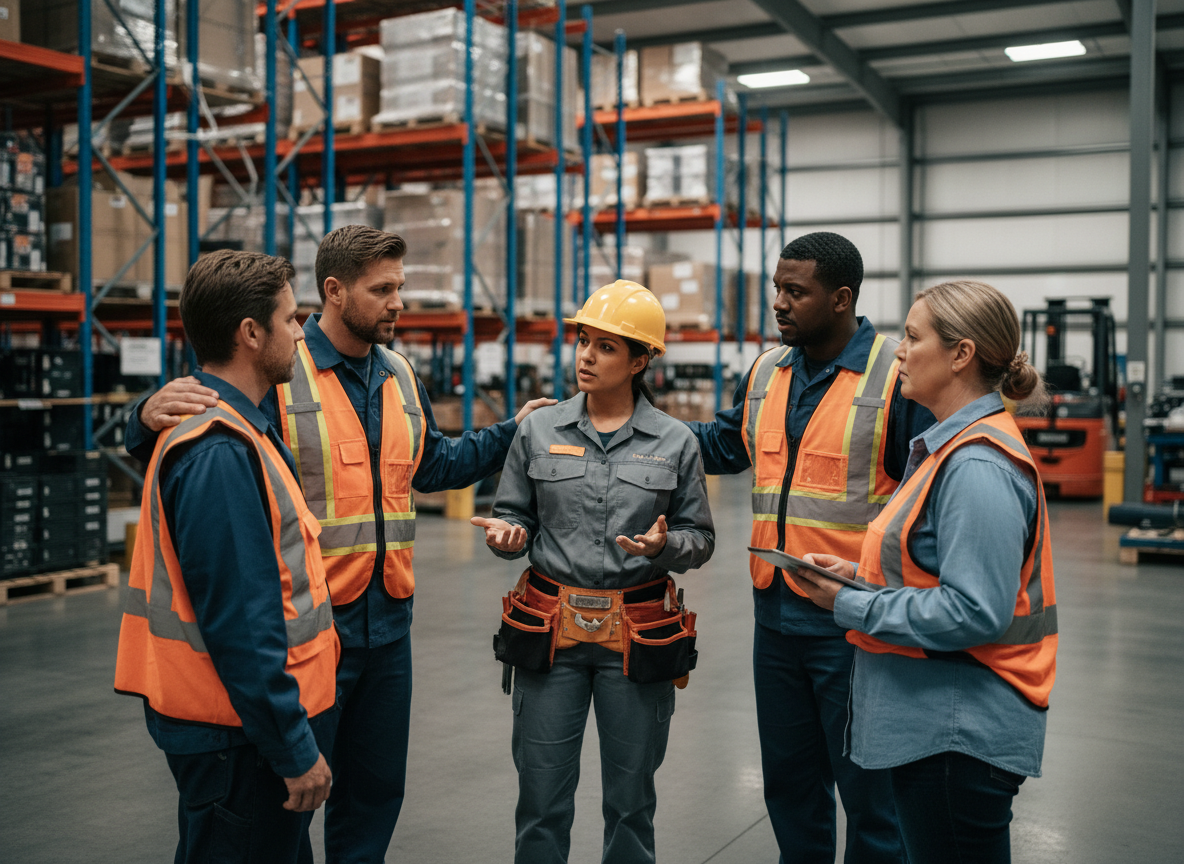 Equipe de gestionnaires en discussion dans un entrepôt industriel