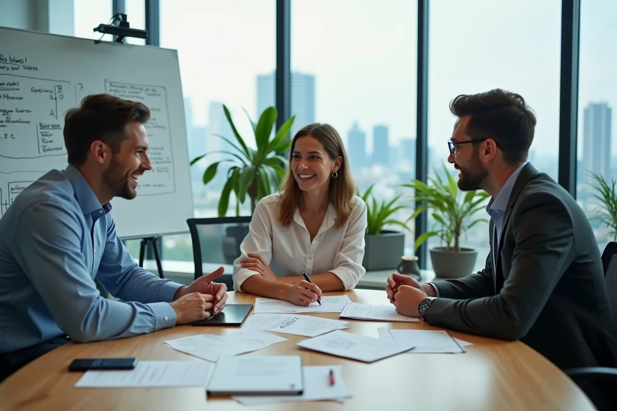 Équipe de PME en réunion de brainstorming autour d'articles de blog et d'idées de stratégie de communication actionnables