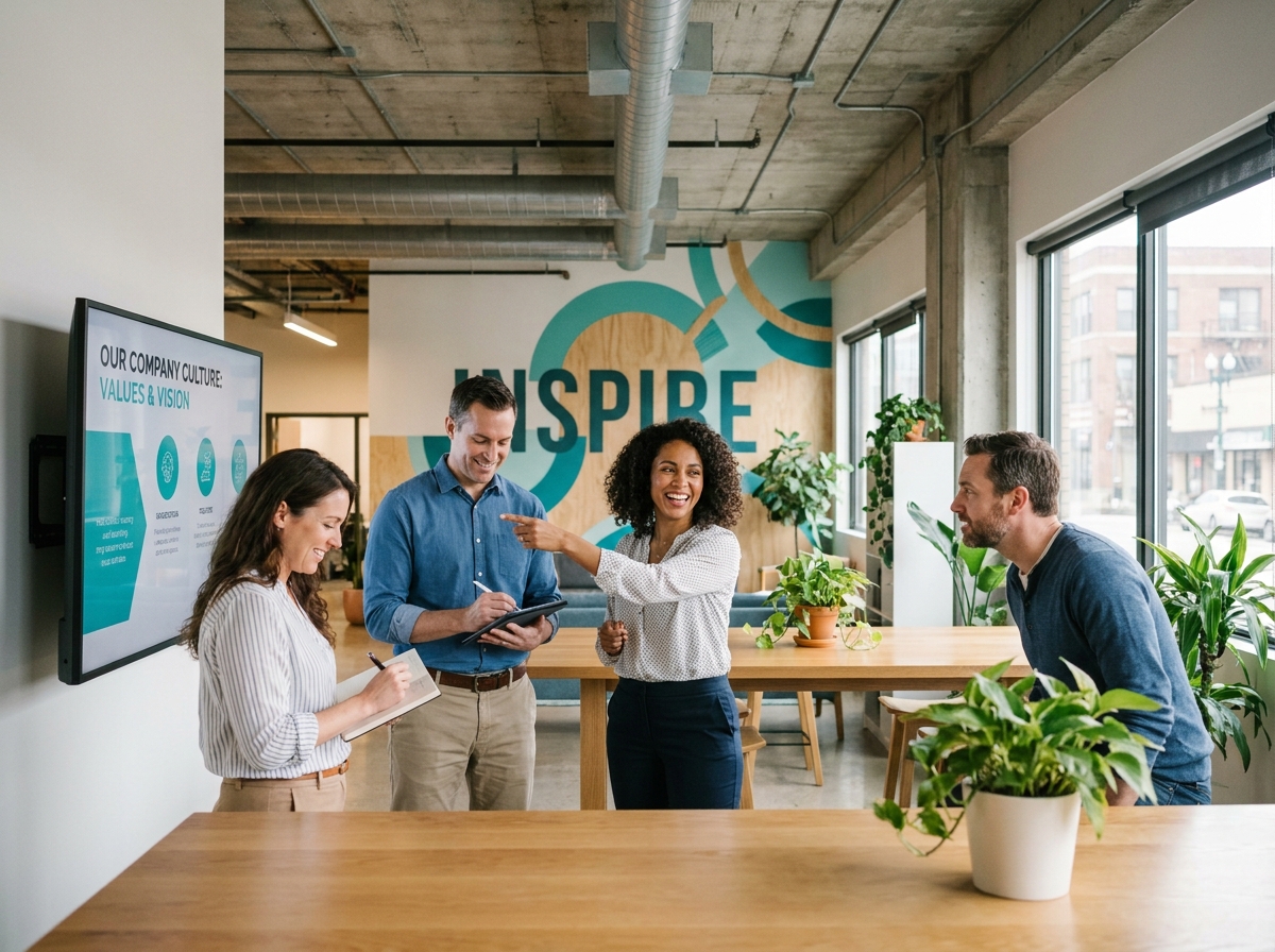 Équipe de professionnels participant à une présentation de culture d'entreprise, illustrant les actions de renforcement de la marque employeur