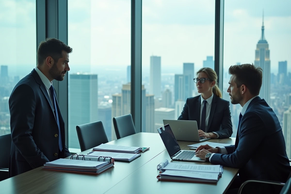 Équipe de professionnels en réunion autour de documents d'audit financier dans une salle de conférence en hauteur, représentant le travail des Big 4