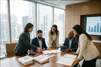 Groupe de professionnels en réunion sécurité entreprise