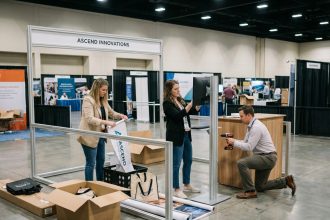 Groupe de trois professionnels installant un stand d'exposition moderne