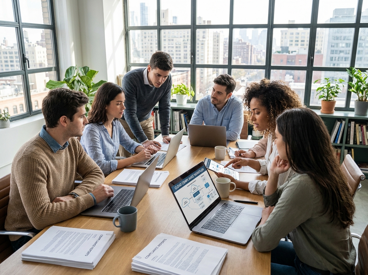 Équipe diversifiée en réunion avec documents et tablette