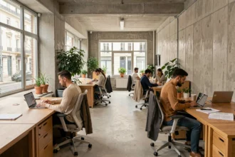 Espace de coworking moderne à Cachan avec bureaux en bois, murs en béton et professionnels au travail