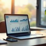 Espace de travail moderne avec ordinateur et graphiques pour marketing digital