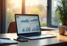 Espace de travail moderne avec ordinateur et graphiques pour marketing digital