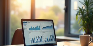 Espace de travail moderne avec ordinateur et graphiques pour marketing digital