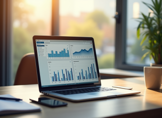 Espace de travail moderne avec ordinateur et graphiques pour marketing digital