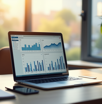 Espace de travail moderne avec ordinateur et graphiques pour marketing digital