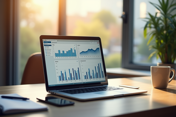 espace-travail-analytique Espace de travail moderne avec ordinateur et graphiques pour marketing digital