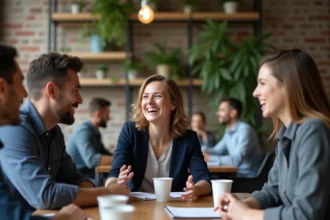 Groupe de collègues souriants autour d'une table de réunion, illustrant l'esprit d'équipe et la cohésion au travail