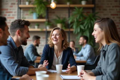 Groupe de collègues souriants autour d'une table de réunion, illustrant l'esprit d'équipe et la cohésion au travail