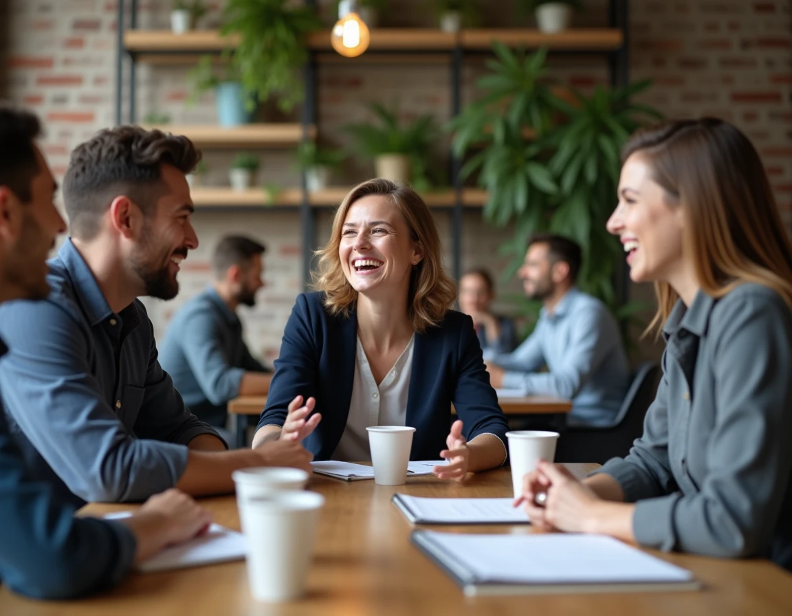 Groupe de collègues souriants autour d'une table de réunion, illustrant l'esprit d'équipe et la cohésion au travail
