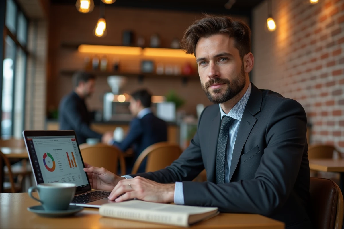 Jeune professionnel en finance étudiant les cabinets d'audit Big 4 dans un café urbain avec un manuel comptable et un ordinateur portable