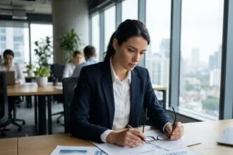 Étudiante en BTS GPME étudiant des documents de gestion dans un bureau moderne