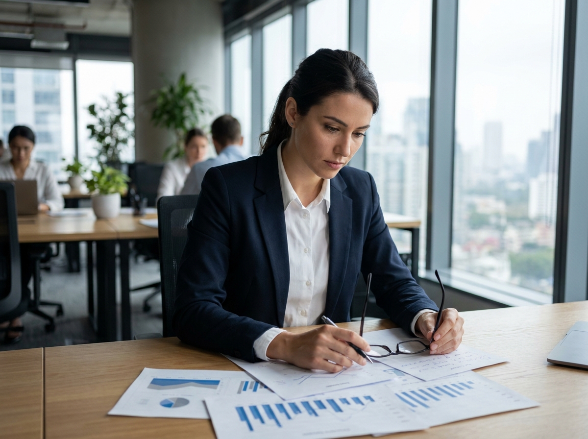 Étudiante en BTS GPME étudiant des documents de gestion dans un bureau moderne