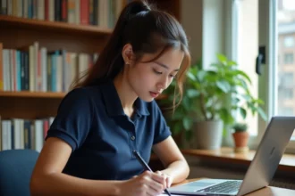Étudiante rédigeant une lettre de motivation pour un emploi étudiant chez Leclerc en été