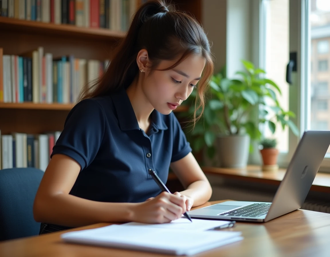 Étudiante rédigeant une lettre de motivation pour un emploi étudiant chez Leclerc en été