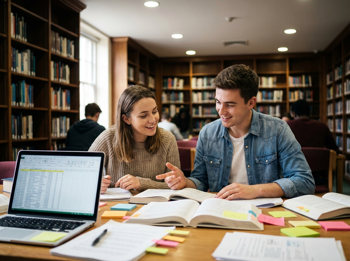 Deux étudiants en BTS GPME révisant ensemble des notions fondamentales à la bibliothèque universitaire