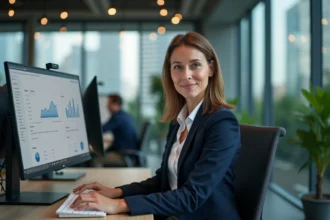 Femme cadre dans un espace de bureau moderne utilisant des outils numériques pour gérer une activité de commerce en ligne, illustrant l'évolution du secteur tertiaire