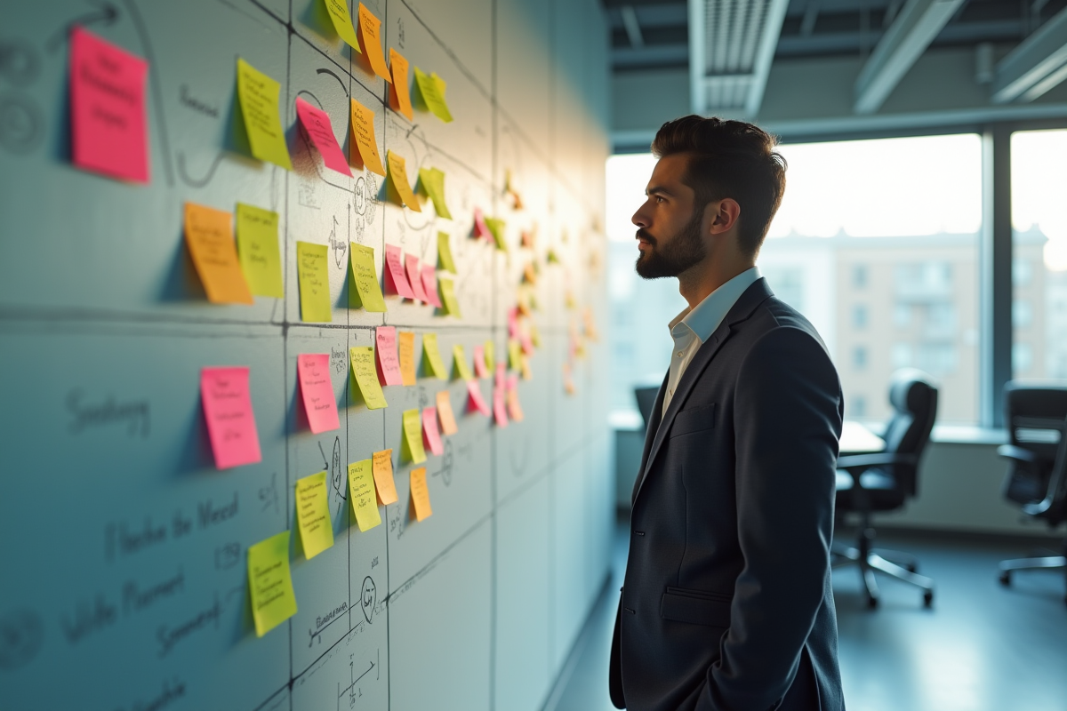 Executif analysant des notes de strategie sur un mur