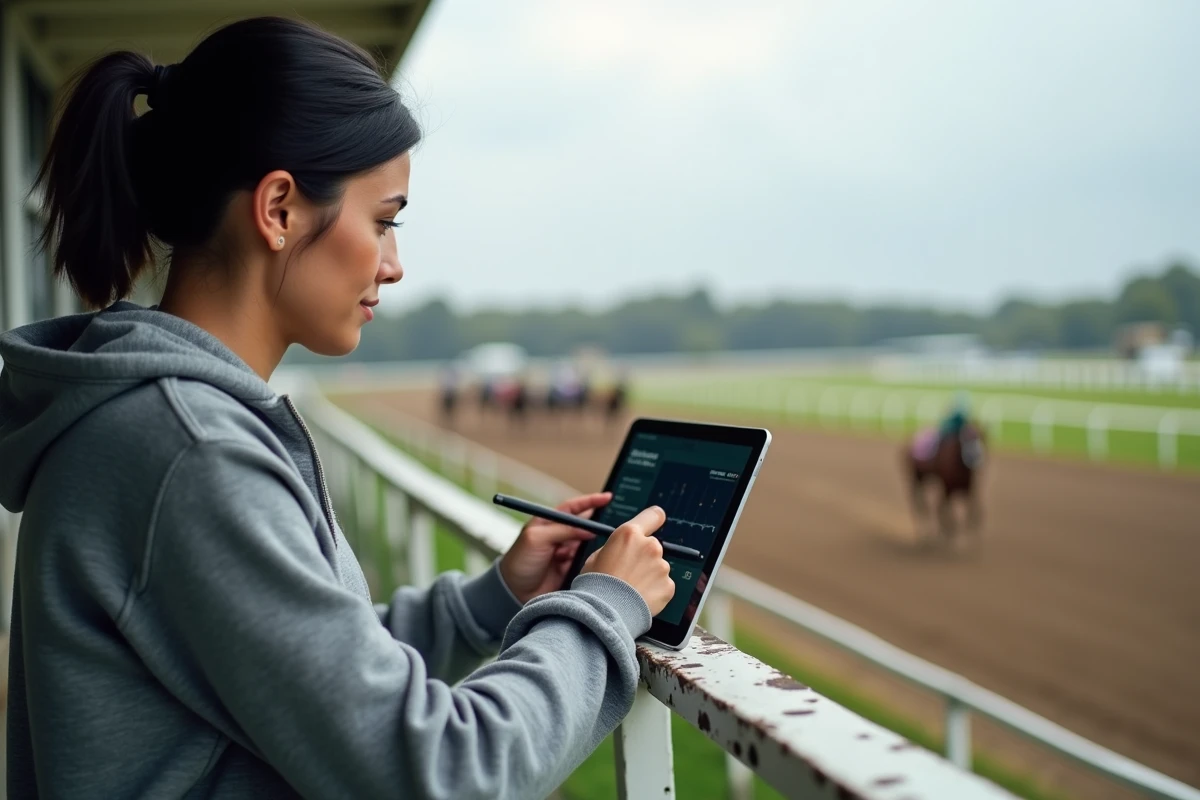Experte en trot utilisant une interface Infonet5 sur tablette en bord de piste lors d'un entraînement