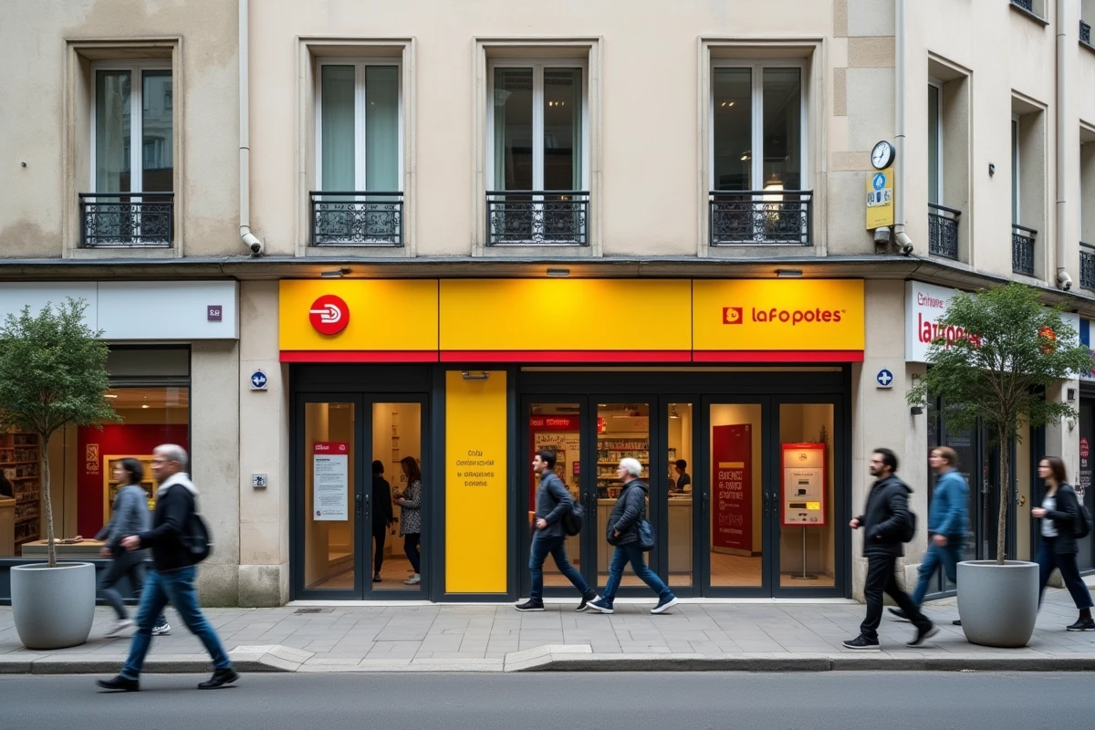 Façade d'un centre de service La Poste CSRH en centre-ville, avec signalétique jaune et entrée principale visible