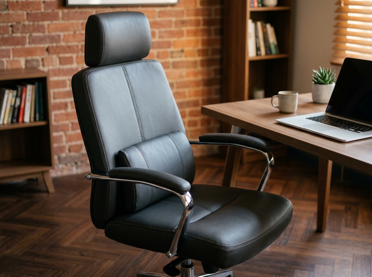 Gros plan sur un fauteuil de direction en cuir haut de gamme dans un bureau à domicile minimaliste avec décoration sobre