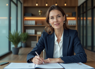 Femme d affaires en costume lisant des documents dans un bureau moderne