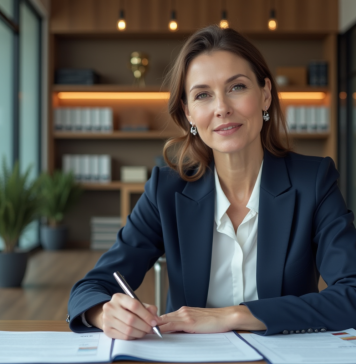 Femme d affaires en costume lisant des documents dans un bureau moderne