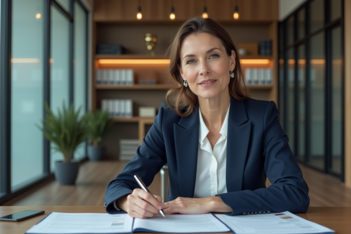 femme-affaires-lecture-documents Femme d affaires en costume lisant des documents dans un bureau moderne