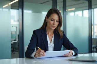 Femme d'affaires en costume navy dans un bureau moderne