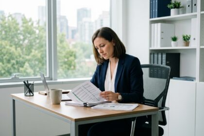 Femme d'affaires en blazer navy dans un bureau moderne
