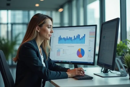 Femme d'affaires compare deux écrans dans un bureau moderne