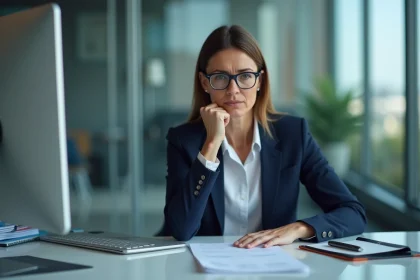 Femme d'affaires concentrée devant son ordinateur en bureau moderne