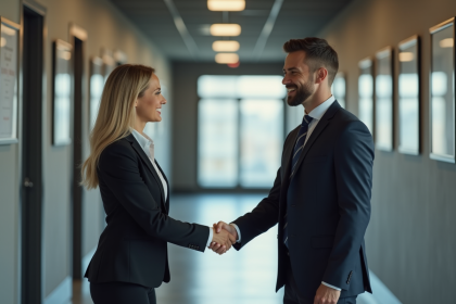 Femme d'affaires serrant la main d'un jeune homme dans un bureau