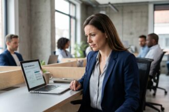 Femme professionnelle analysant des données salariales sur ordinateur dans un bureau moderne