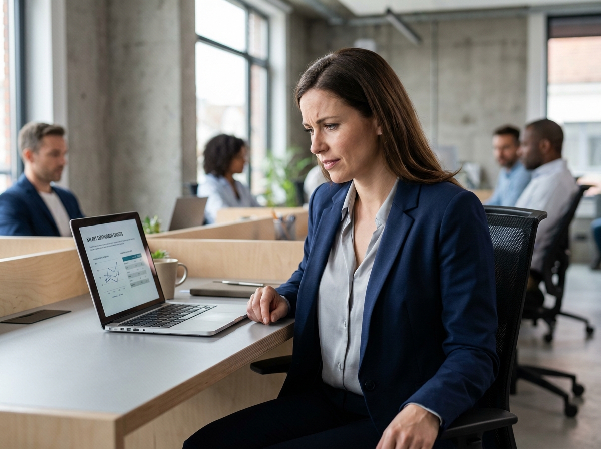 Femme professionnelle analysant des données salariales sur ordinateur dans un bureau moderne