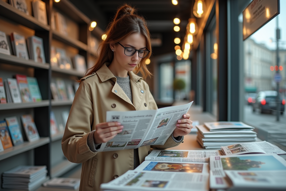 Jeune femme dans un kiosque à journaux moderne